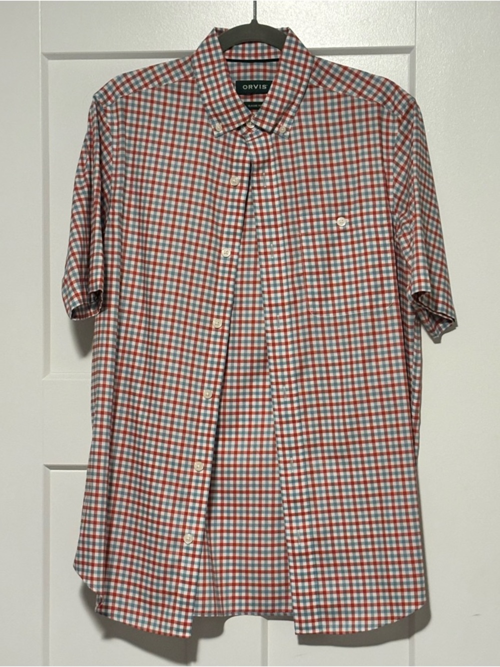 Orvis Men’s Short-Sleeve Red and Blue Plaid Button-Down Shirt